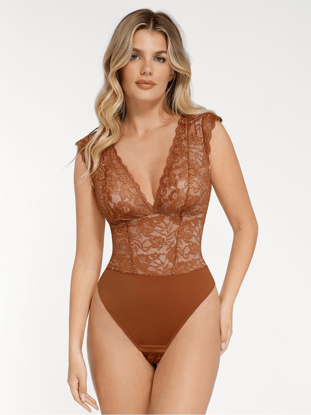 Popilush Medium Shapewear V-neck Sleeveless Sculpting Lace Bodysuit Camel Brown